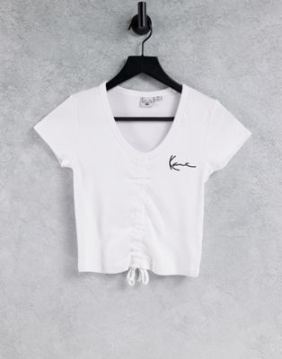 Tops Karl Kani - T-shirt crop top côtelé noué sur le devant avec logo