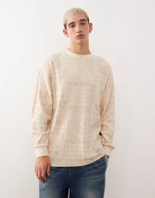 Karl Kani - T-shirt gaufré à logo signature avec manches longues et motif cachemire - Beige-Neutre