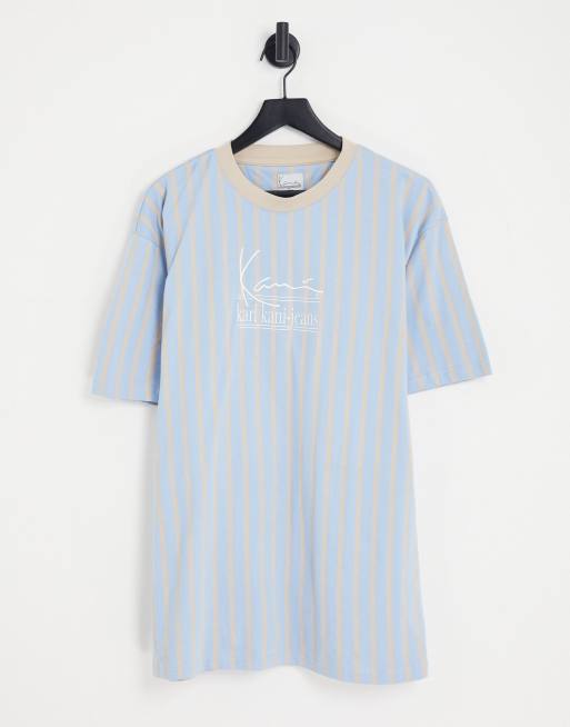 Karl Kani - T-shirt met Keans-signature in blauw met zandkleurige streepj