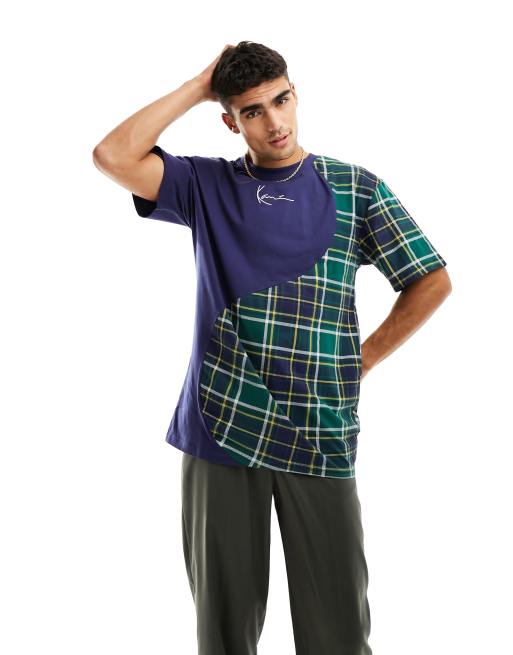 Karl Kani - T-shirt oversize blu colorblock con pannello ondulato a quadri scozzesi