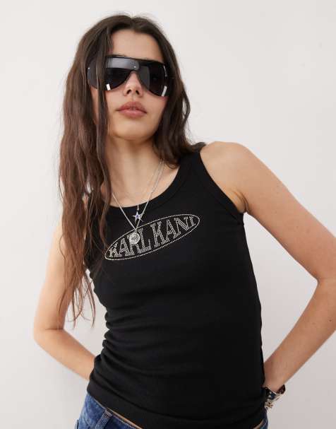 Karl Kani - Top senza maniche nero a coste con logo in strass - view 1