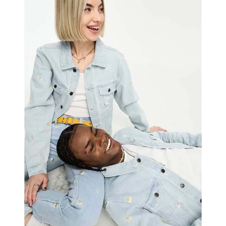 Karl Kani unisex co ord OG denim trucker jacket in light blue with daisy embroidery ASOS