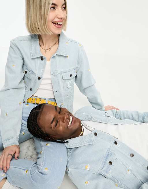 Karl Kani unisex OG denim trucker jacket in light blue with daisy embroidery (part of a set)