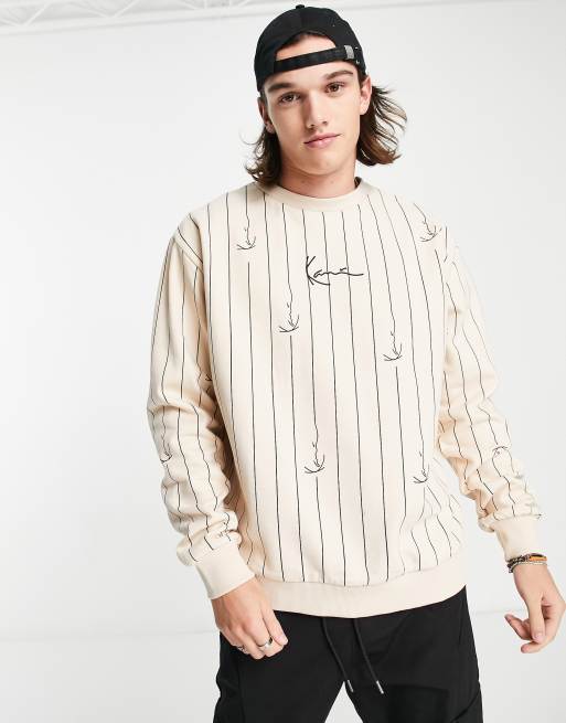 Karl Kani – Vit kritstrecksrandig sweatshirt med signaturlogga