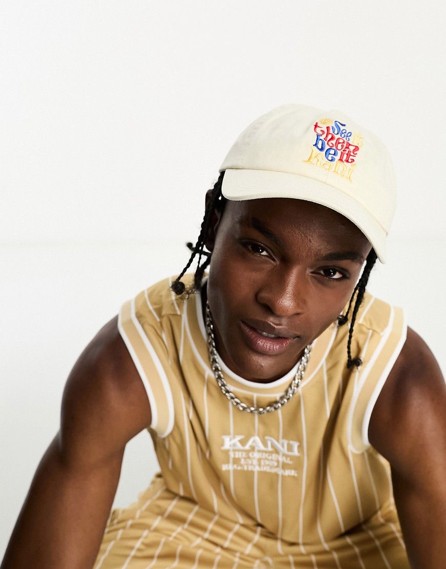 Karl Kani woven signature baseball cap in off white with slogan embroidery