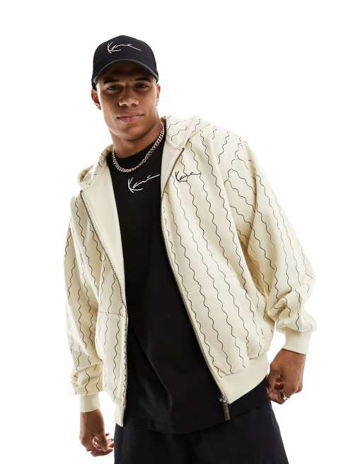 Karl Kani – Zapinana na zamek bluza z kapturem w kolorze złamanej bieli w falowane pionowe paski z logo