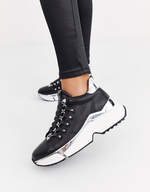 Karl Lagerfeld chunky black leather trainers with silver metal trims