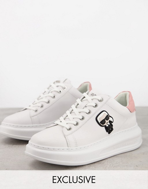 Karl Lagerfeld Exclusive white leather platform sole trainers with light pink trim