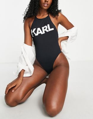 Karl Lagerfeld halterneck swimsuit in black