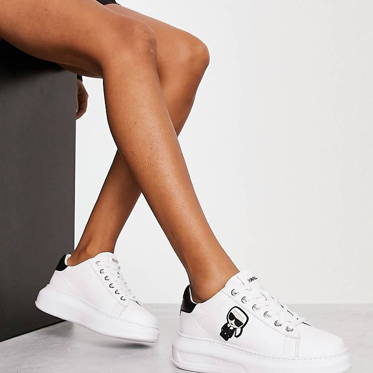 beans Change clothes mimic Karl Lagerfeld Kapri Ikonic white leather platform sole sneakers with black  trim | ASOS