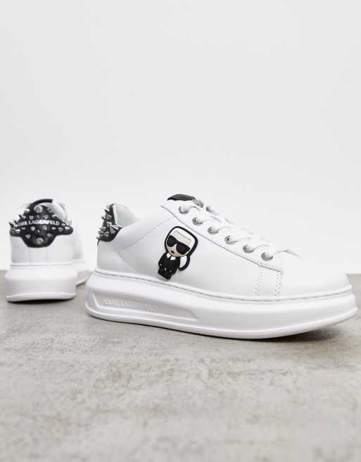 Karl Lagerfeld leather flatform trainers in white with studded back tab | ASOS