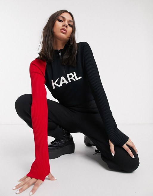Karl Lagerfeld logo zip neck knit top in black
