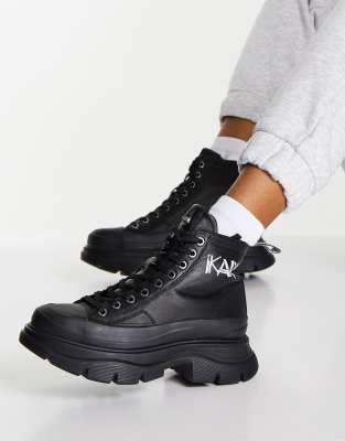 Karl Lagerfeld Luna Logo detail black leather chunky sole boots in black