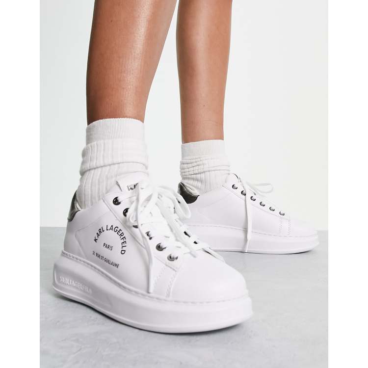 Karl Lagerfeld Maison leather platform sole sneakers in white with silver back tab