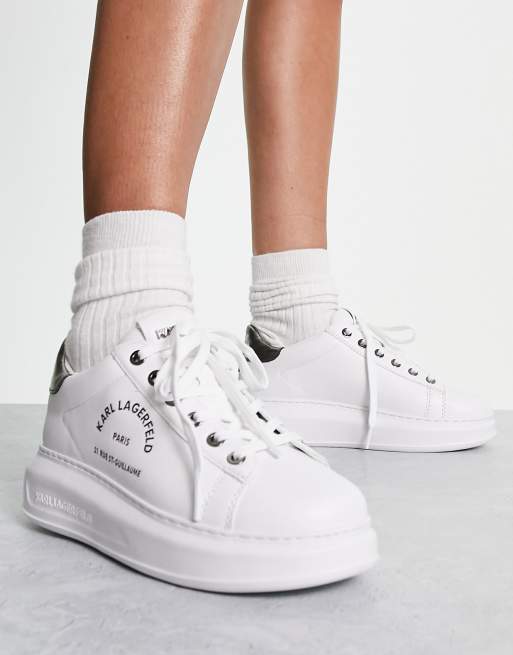 Karl Lagerfeld Maison leather platform sole sneakers in white with silver back tab