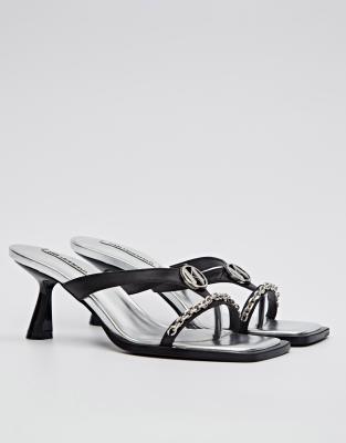 Karl Lagerfeld Panache logo chain detail heeled mules in black leather - ASOS Price Checker