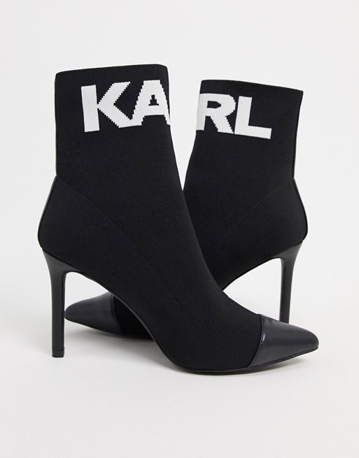 Karl Lagerfeld Pandora heeled sock boot with logo in black