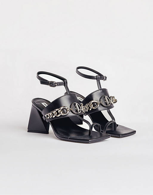 Karl Lagerfeld Pyramide chain detail heeled sandals in black leather | ASOS