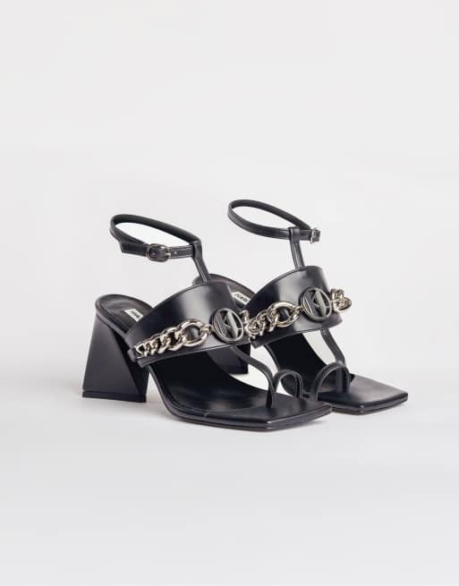 Karl Lagerfeld Pyramide chain detail heeled sandals in black leather | ASOS