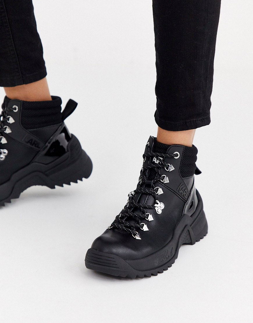 Karl Lagerfeld – Svarta vandringskängor i läder med snörning