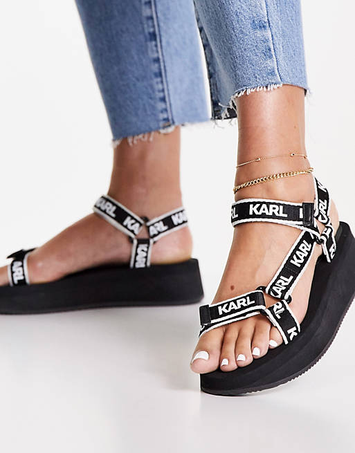 Women Flat Sandals/Karl Lagerfeld Velocota logo strap flatform sandals in black 