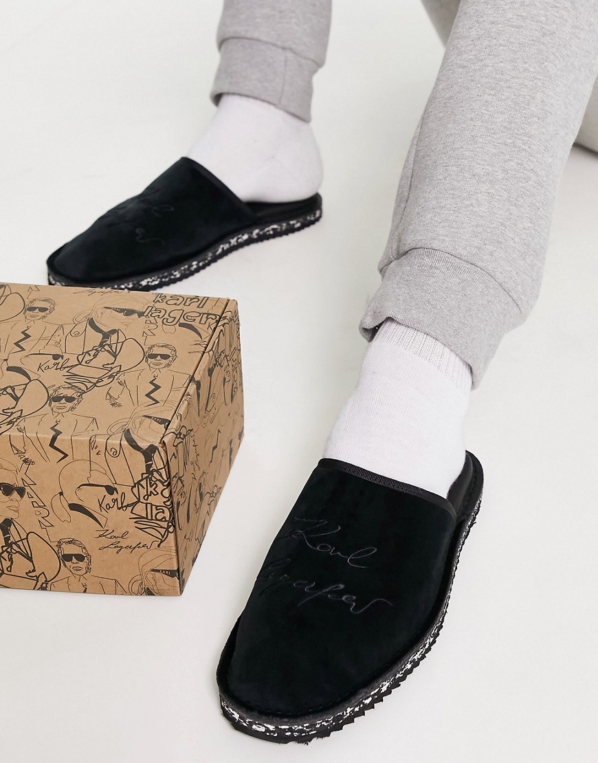 Karl Lagerfeld Velvet Slipper Mules With Embroidered Logo In Black