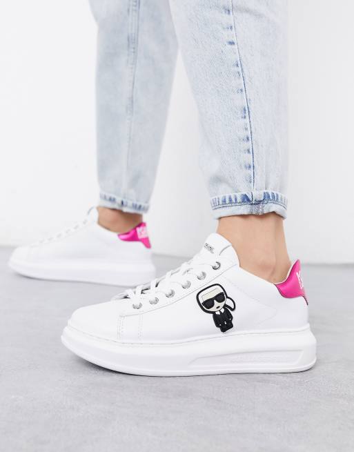 Karl Lagerfeld white leather platform sole sneakers with pink trim