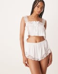 [Kat The Label] Kat The Label Arabella satin lace trim shorts in ivory-White L IVORY