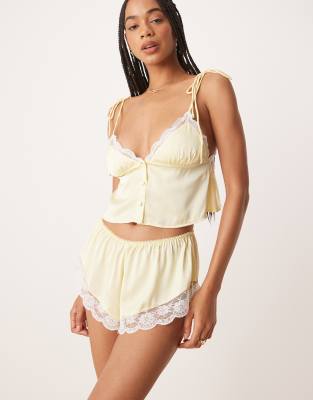 [Kat The Label] Kat The Label Arabella satin lace trim shorts in limoncello-Yellow M Limoncello
