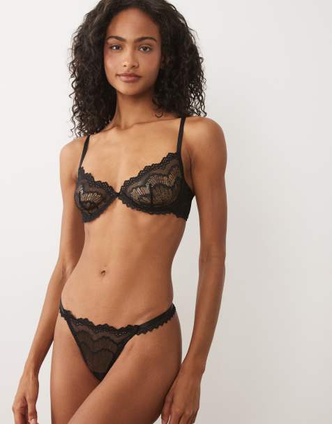 Kat The Label Belvedere embroidered mesh underwired bra and lace lingerie thong in black - view 1