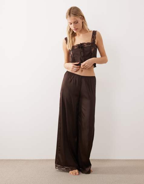 Kat The Label Cindy full length satin trouser in espresso brown