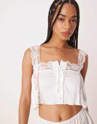 [Kat The Label] Kat The Label Cindy satin lace trim camisole in ivory-White M IVORY