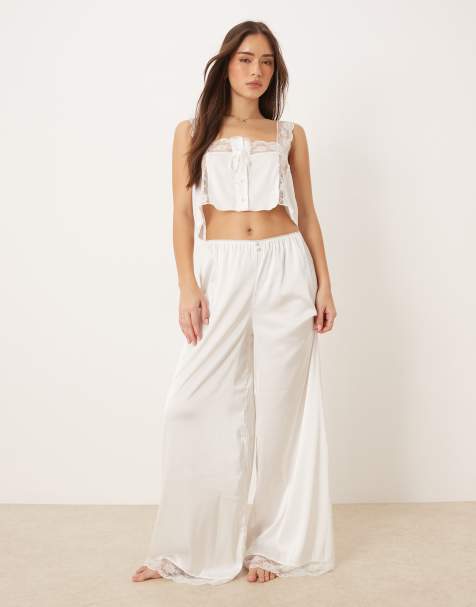 Kat The Label Cindy satin wide leg pants with lace trim in ivory - view 1