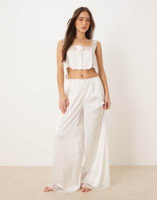 Kat The Label Cindy Satin Wide Leg Trousers With Lace Trim In White