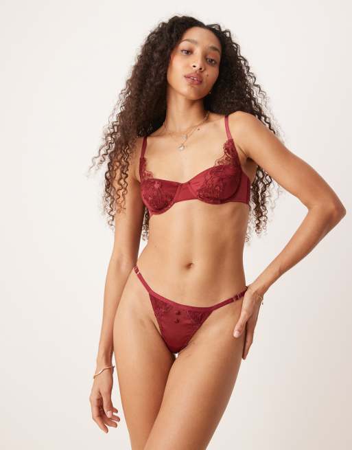 Kat The Label Dylan satin lace lingerie thong in rhubarb