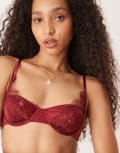 [Kat The Label] Kat The Label Dylan satin lace underwired bra in rhubarb-Pink S Rhubarb