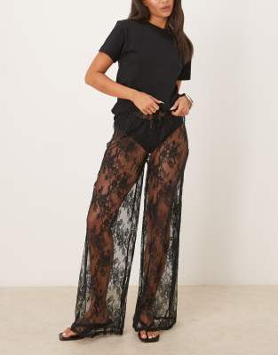 Kat The Label Lottie Sheer Lace Loose Fit Pants In Black