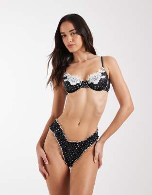 Kat The Label Norma Polka Dot Ruffled Briefs With Bow Detail In Black