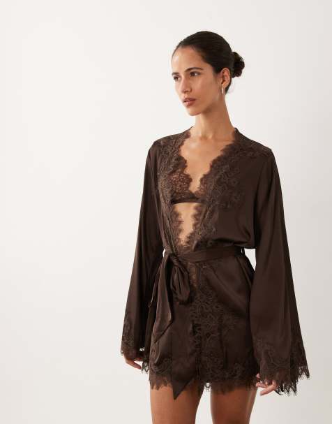 Kat The Label Olivia satin lace robe in espresso - view 1