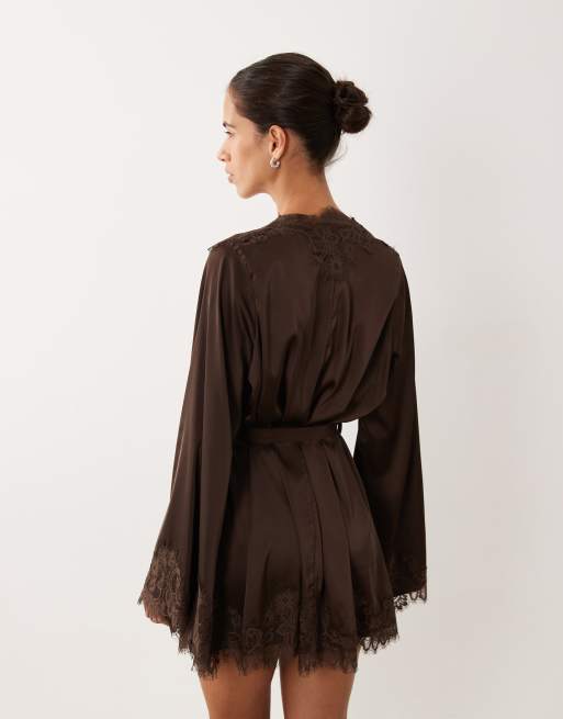 Kat The Label olivia satin lace robe in espresso, 3 of 4