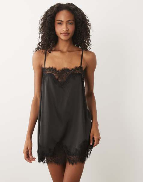 Kat The Label olivia satin lace slip dress in black - view 1