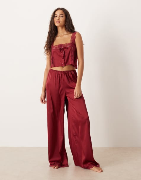 Kat The Label satin lace nightwear set in rhubarb red - view 1