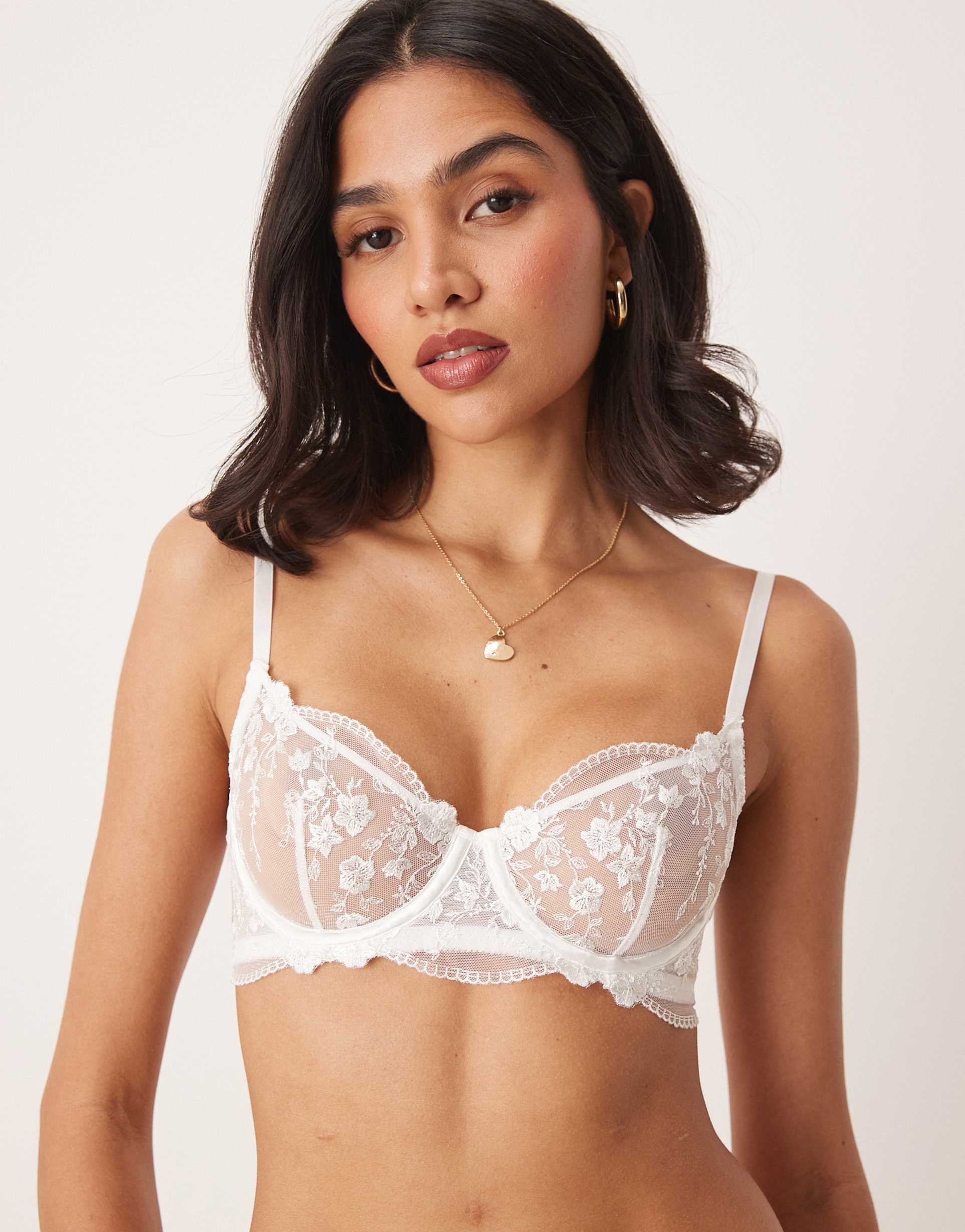 kat the label sofia floral mesh underwire bra in white
