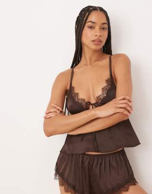 Kat The Label Sorrento Satin Lace Camisole In Brown