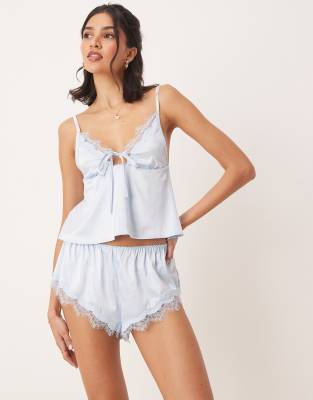 [Kat The Label] Kat The Label Sorrento satin lace shorts in ice blue M BLUE