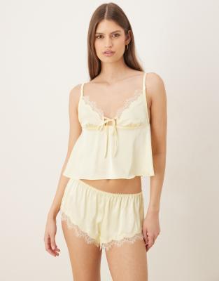 Kat The Label Sorrento satin lace trim shorts in lemon