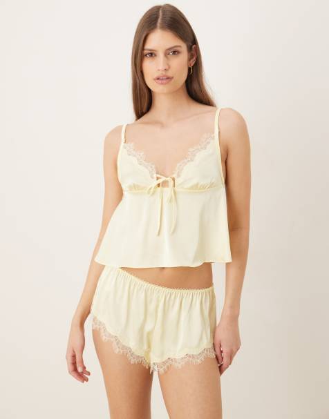 Kat The Label Sorrento satin lace trim shorts in lemon - view 1