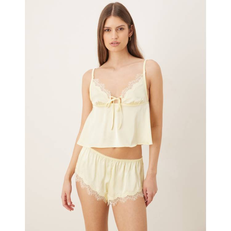 fiorforte ミニスカート♥Garter lace short pants Kat The Label Sorrento satin lace trim shorts in lemon | ASOS