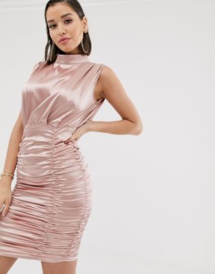 pink satin ruched dress