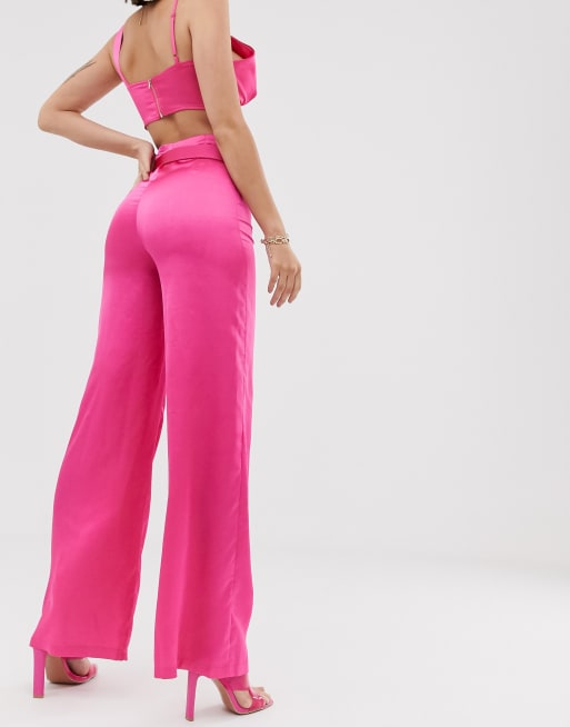 Katchme satin wide leg pants with belt detail in hot pink